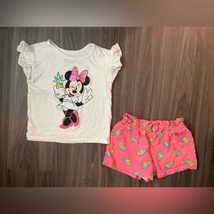 Disney Minnie Mouse Girls Cream Ruffle top & Coral pineapple print shorts size 6